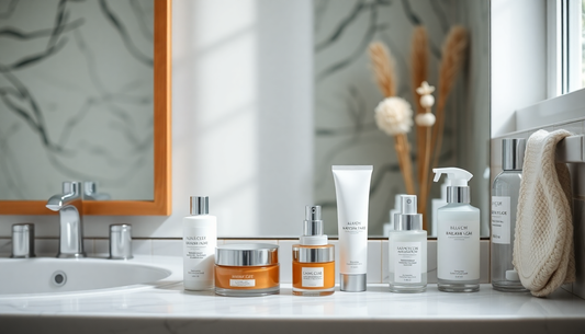 Skincare Collection Featuring Various Products on a Bathroom Counter by a Sunlit Window