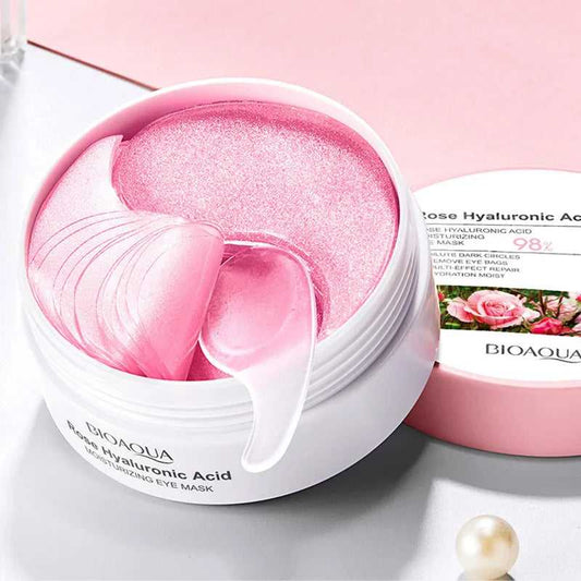 LAIKOU Rose Hyaluronic Acid Eye Masks in a pink jar for hydration and revitalization of tired eyes
