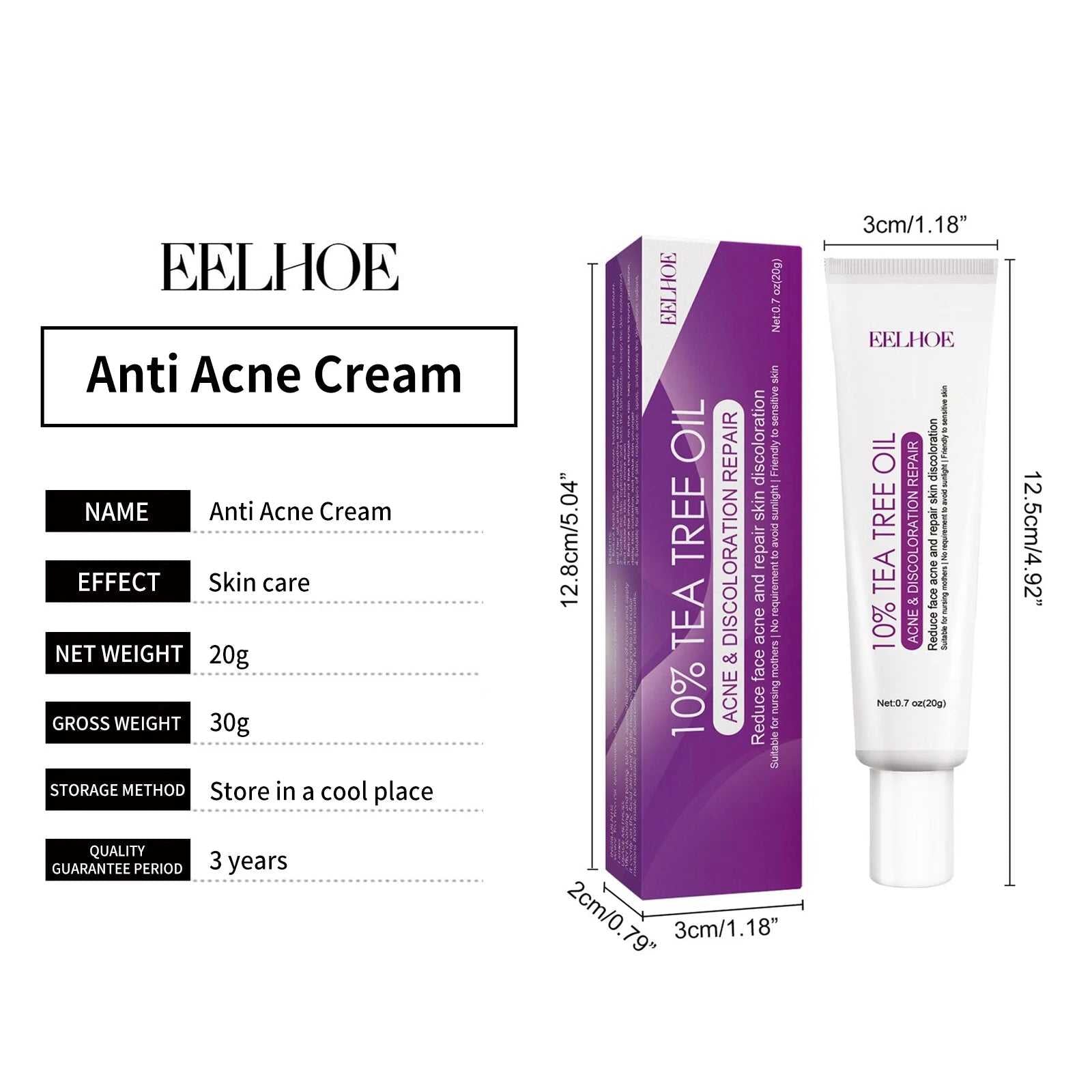 EELHOE Anti Acne Cream with 10% Tea Tree Oil for Skin Care and Acne Repair in 30g Tube