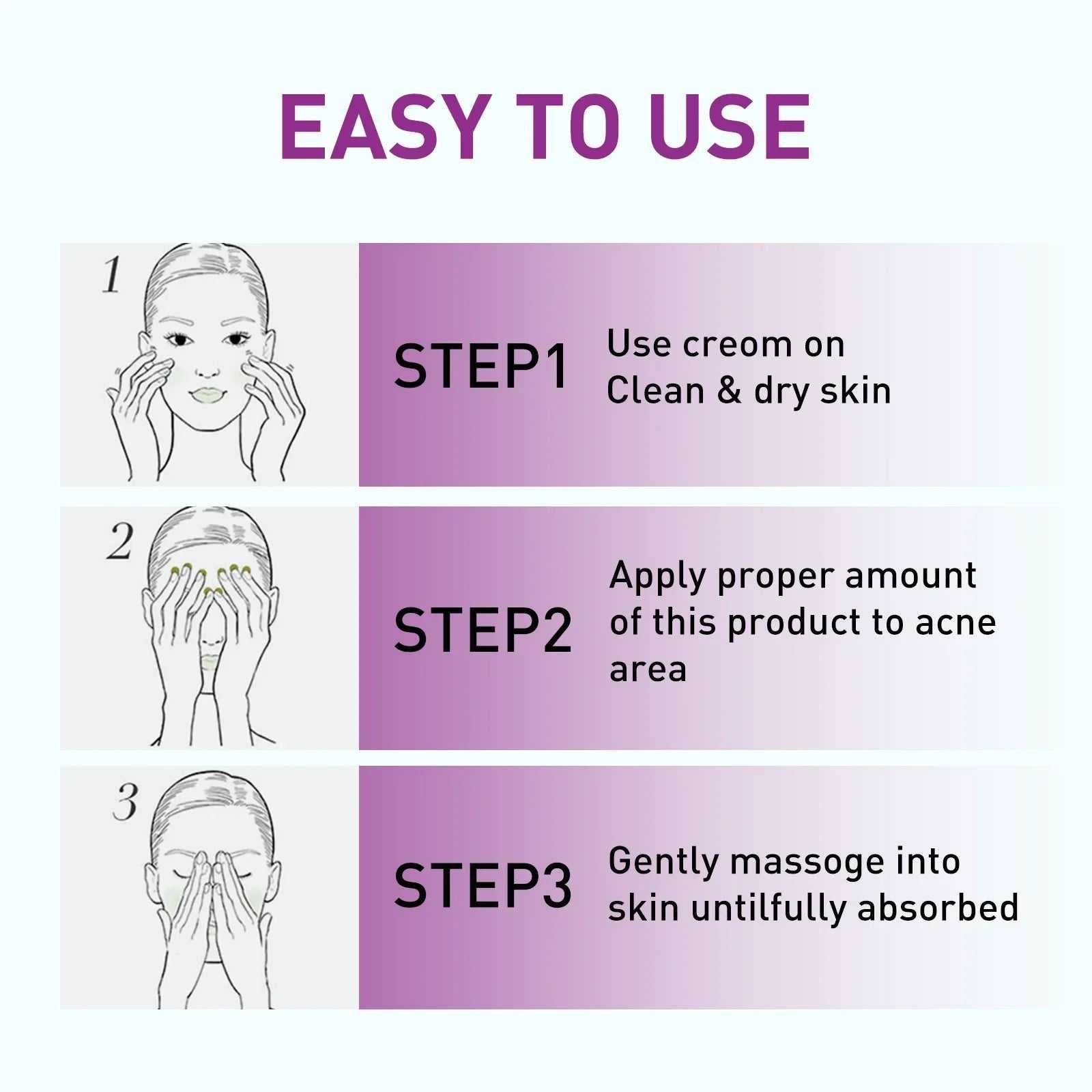 EELHOE Acne Treatment Usage Instructions with Steps for Application on Clean Skin