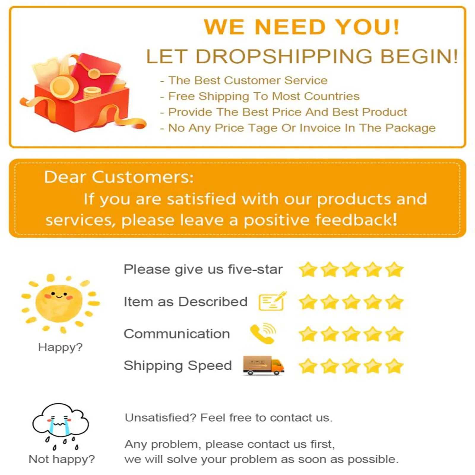 EELHOE dropshipping banner highlighting customer service, free shipping, and request for feedback