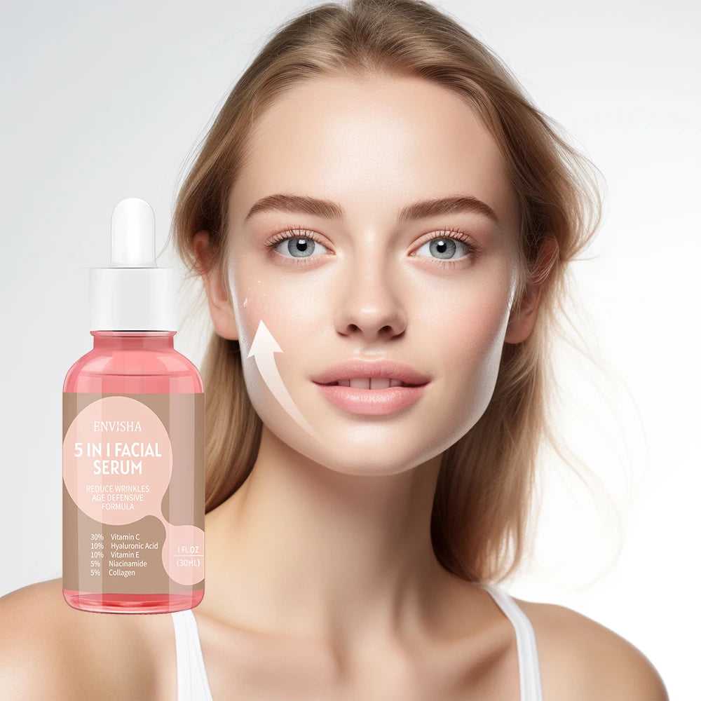 ENVISHA 5-in-1 Facial Serum for radiant skin with Vitamin C and hyaluronic acid in a 1.4 ounce bottle