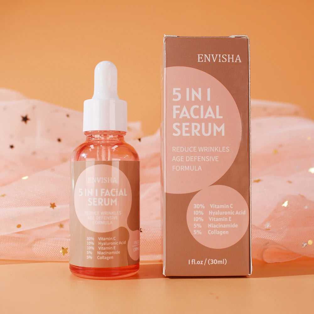 ENVISHA 5 in 1 Facial Serum with Vitamin C and Hyaluronic Acid for Reducing Wrinkles and Age Defense