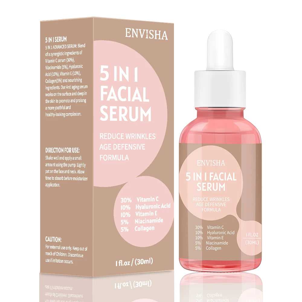 ENVISHA 5 in 1 Facial Serum with Vitamin C, Hyaluronic Acid, and Collagen for Anti-Aging Care