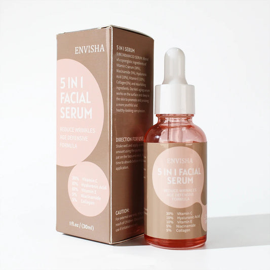 ENVISHA 5 in 1 Facial Serum for reducing wrinkles with Vitamin C, Hyaluronic Acid, and Collagen