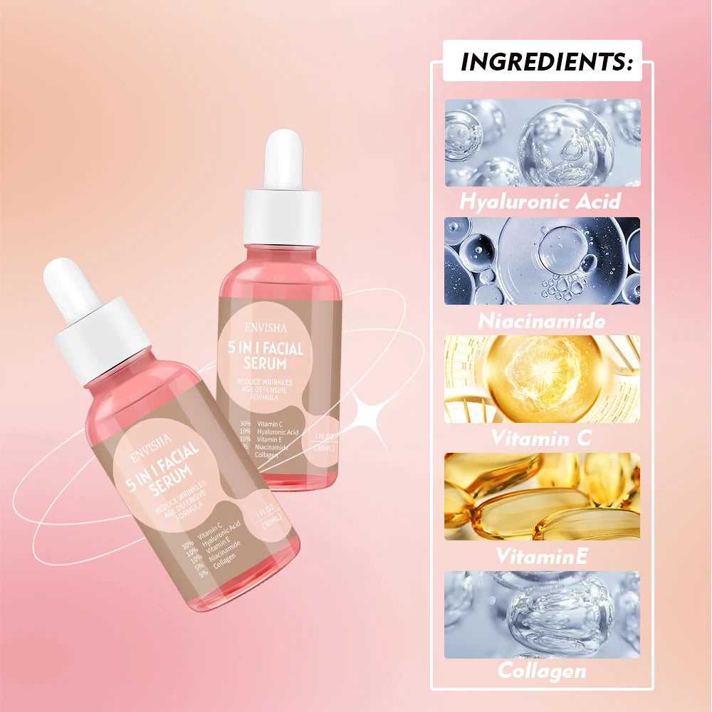 ENVISHA 5 in 1 Facial Serum with Hyaluronic Acid, Niacinamide, Vitamin C, Vitamin E, and Collagen for radiant skin
