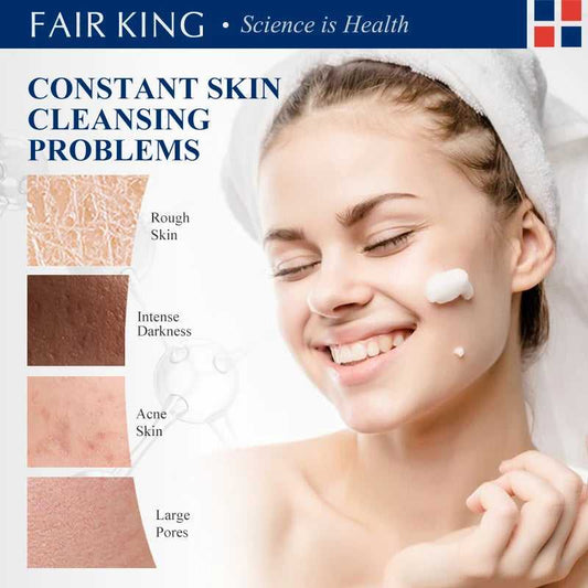 FAIR KING gentle facial exfoliating mousse applied on skin for smoother, healthier complexion