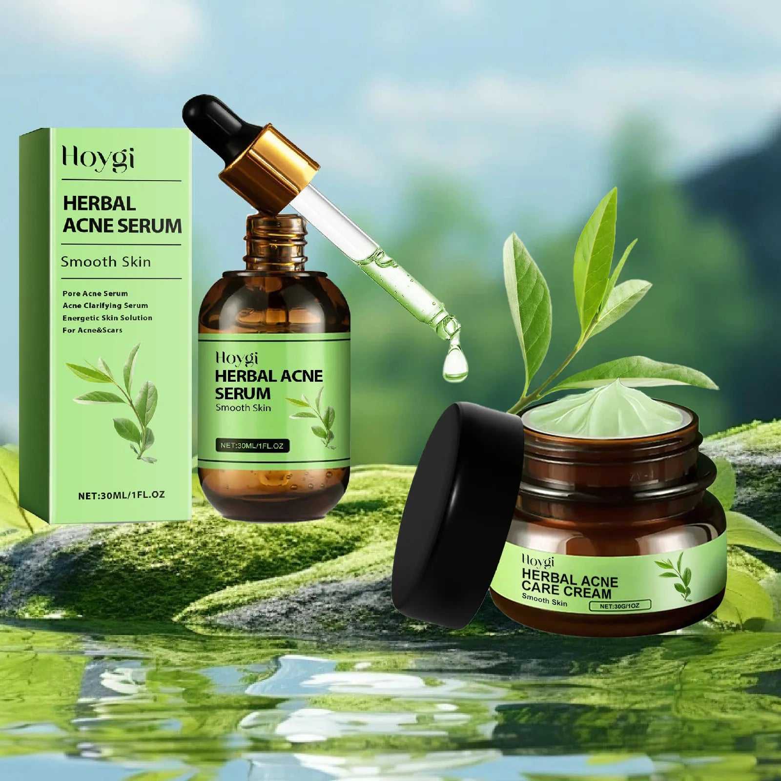 Hoygi Herbal Acne Serum and Care Cream for smooth skin, featuring natural ingredients for effective treatment