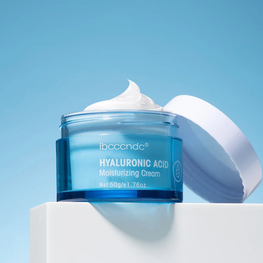 ibcccndc Hyaluronic Acid Cream Moisturizer in a blue jar, perfect for hydrating skin and improving moisture levels