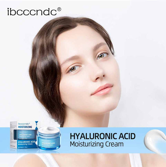 Model showcasing ibcccndc hyaluronic acid cream moisturizer for hydrated and glowing skin