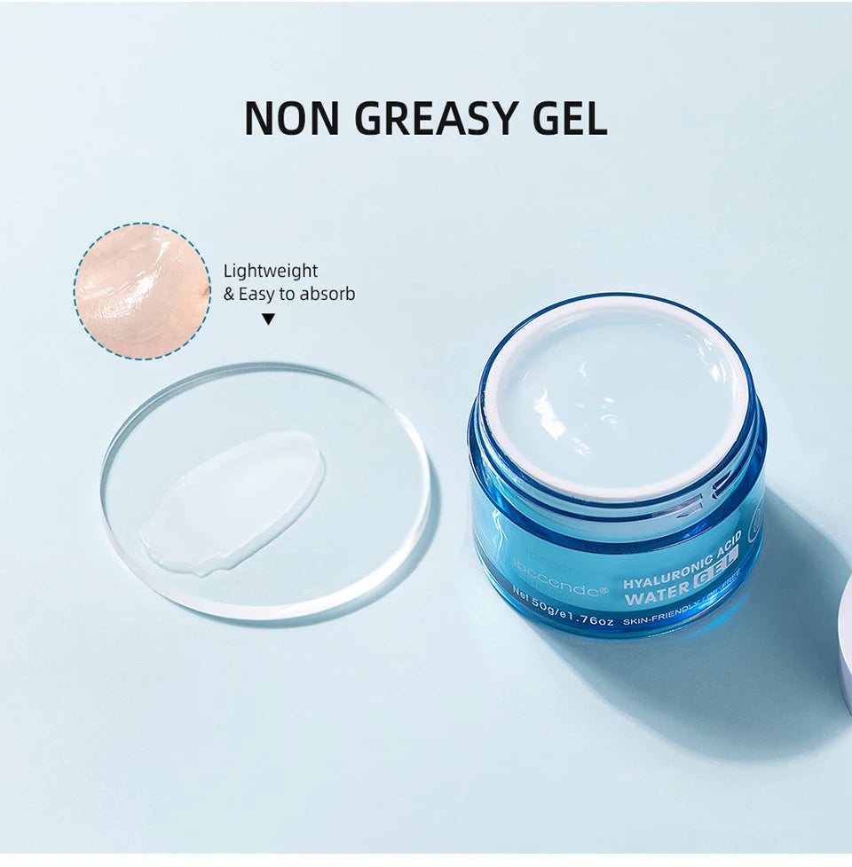 Hyaluronic acid cream moisturizer in a blue jar, lightweight and easy to absorb gel texture