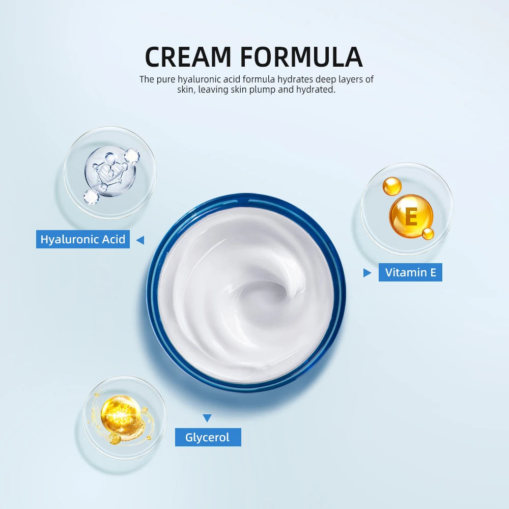 Hyaluronic acid cream moisturizer in a blue bowl with ingredients of hyaluronic acid, glycerol, and vitamin E