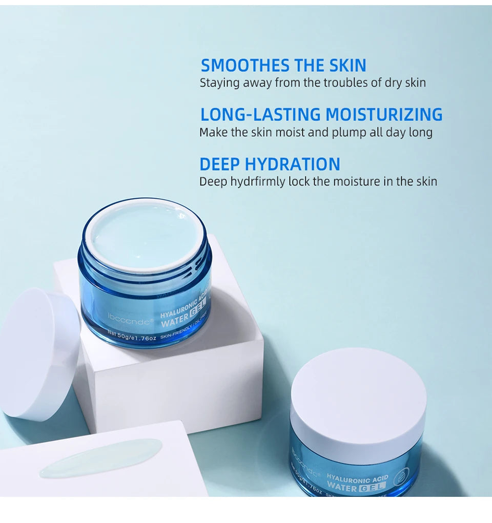 Hyaluronic acid cream moisturizer in a blue jar, providing deep hydration and long-lasting moisture