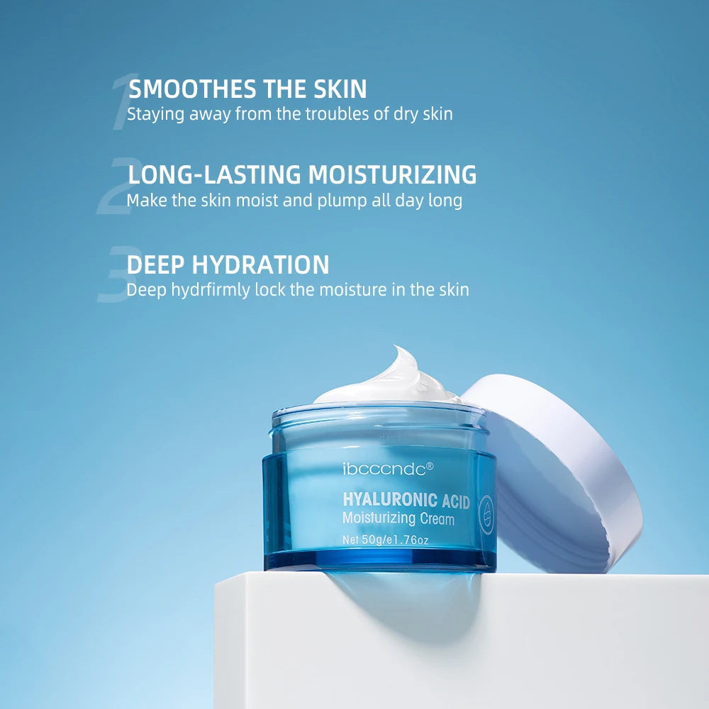 ibcccndc Hyaluronic Acid Cream Moisturizer in blue jar for deep hydration and long-lasting moisture