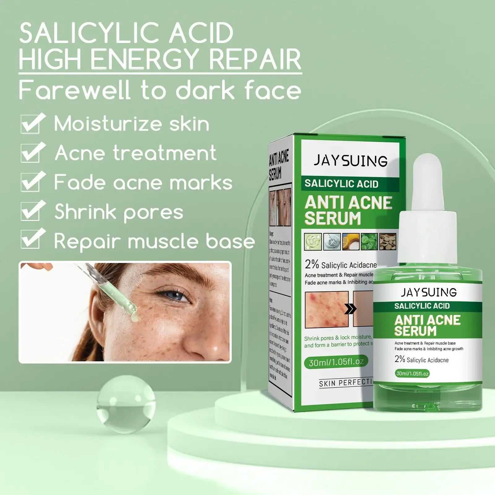 Jaysuing salicylic acid acne serum in green bottle for moisturizing and acne treatment