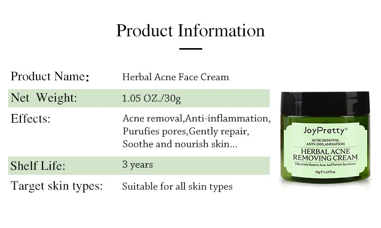 JoyPretty Herbal Acne Face Cream in green jar for acne removal and skin healing