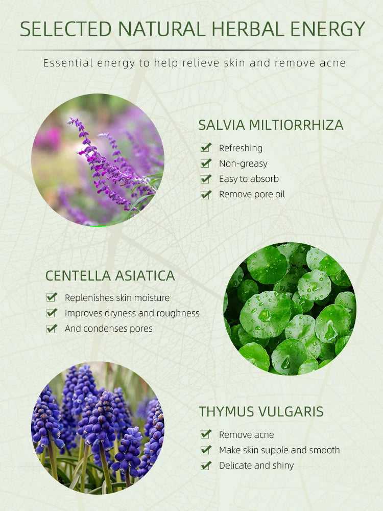 JoyPrettyin herbal treatments featuring Salvia Miltiorrhiza, Centella Asiatica, and Thymus Vulgaris for acne relief