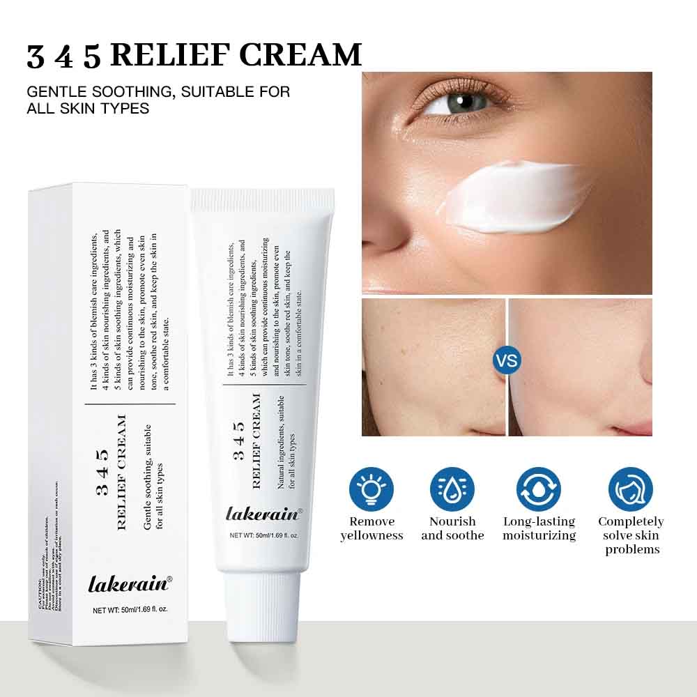 Lakerain 345 Relief Cream for acne treatment, suitable for all skin types, promoting hydration and soothing benefits