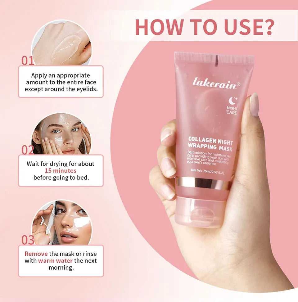 Lakerain Collagen Night Wrapping Mask Instructions for Use with Application Steps and Benefits