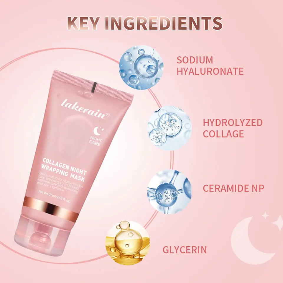 Lakerain Collagen Night Wrapping Mask with key ingredients: Sodium Hyaluronate, Hydrolyzed Collagen, Ceramide NP, and Glycerin