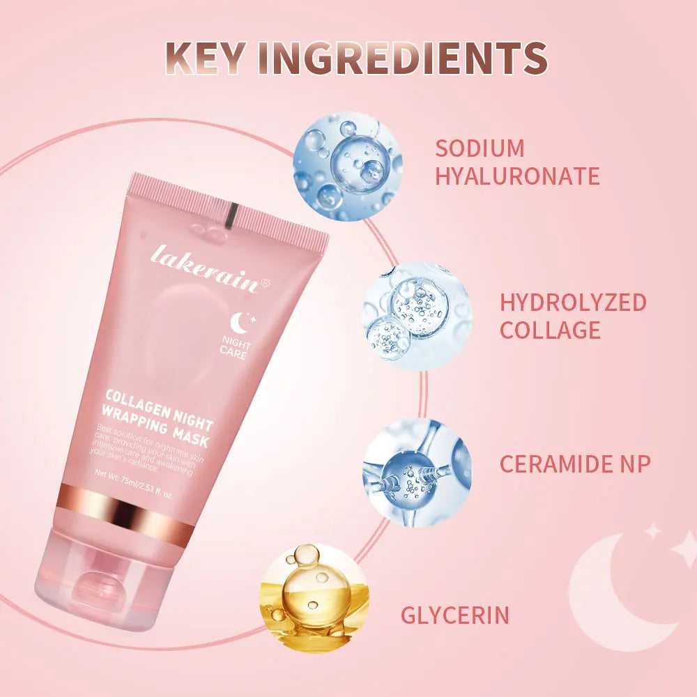 Lakerain Collagen Night Wrapping Mask featuring key ingredients like Sodium Hyaluronate and Hydrolyzed Collagen