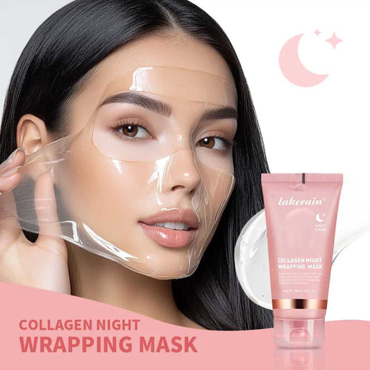 Lakerain Collagen Night Wrapping Mask applied on a woman's face for hydrating overnight treatment