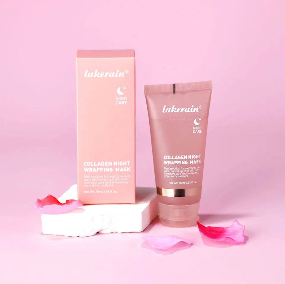 Lakerain Collagen Night Wrapping Mask Tube and Box on Pink Background for Nighttime Skin Care