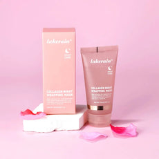 Lakerain Collagen Night Wrapping Mask Tube and Box on Pink Background for Nighttime Skin Care
