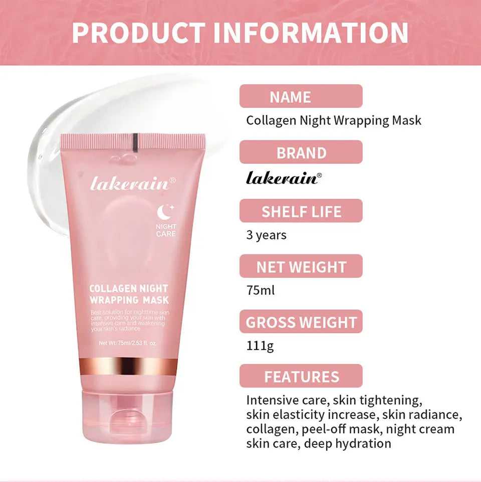 Lakerain Collagen Night Wrapping Mask in Pink Tube for Skin Tightening and Hydration, 75ml