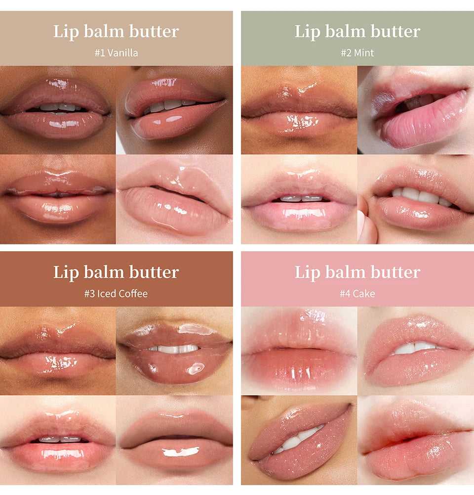 Lakerain Lip Balm Butter shades #1 Vanilla, #2 Mint, #3 Iced Coffee, and #4 Cake swatched on lips