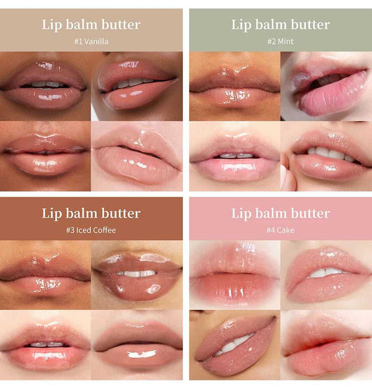 Lakerain Lip Balm Butter shades #1 Vanilla, #2 Mint, #3 Iced Coffee, and #4 Cake swatched on lips