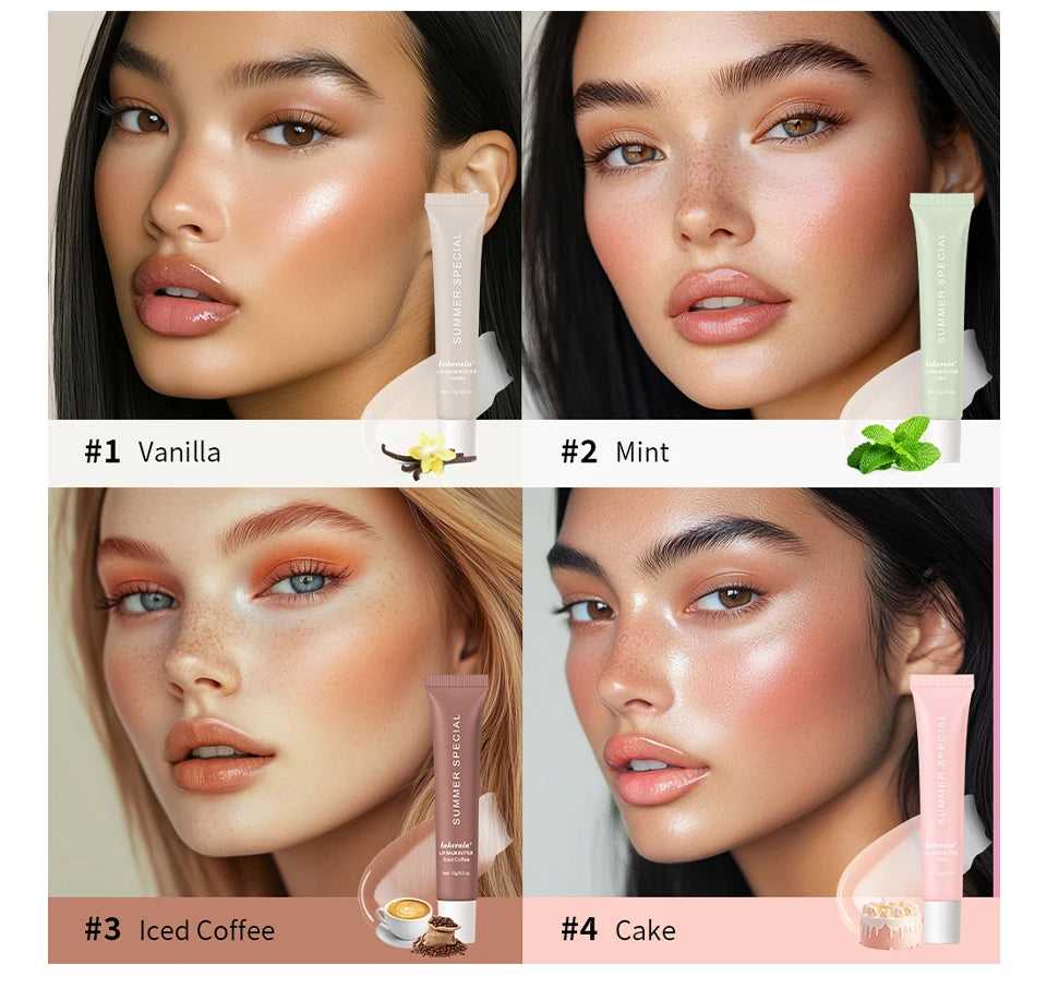 Lakerain Hydrating Tints in four shades: Vanilla, Mint, Iced Coffee, and Cake on models' glowing skin