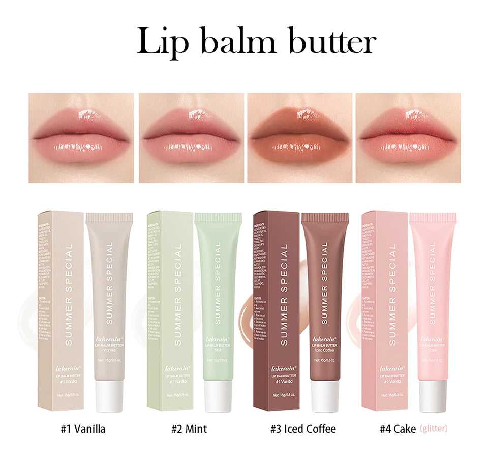 Lakerain Lip Balm Butter Collection featuring Vanilla, Mint, Iced Coffee, and Cake shades