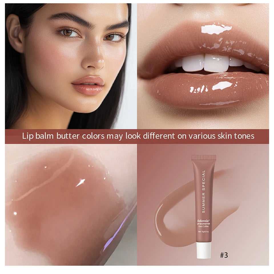Lakerain Summer Special Lip Balm in shade #3 with glossy finish and swatch on various skin tones