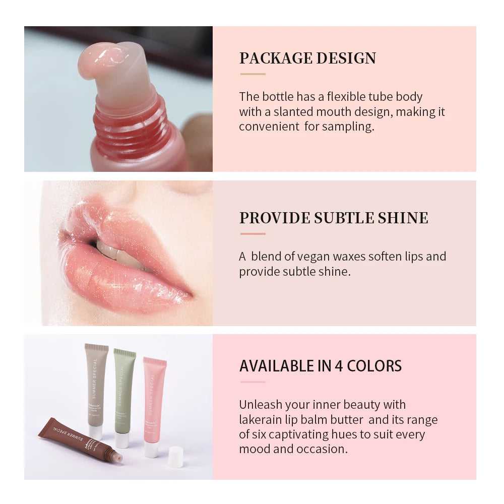 Lakerain Lip Butter in four colors with flexible tube design for easy sampling and subtle shine