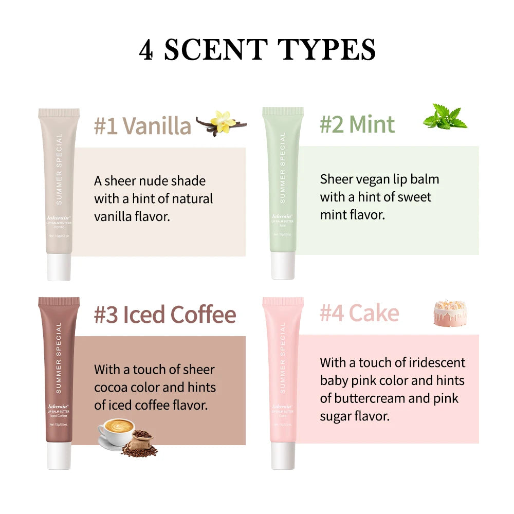 Lakerain Summer Special Vegan Lip Balm Variety with Four Flavors: Vanilla, Mint, Iced Coffee, and Cake