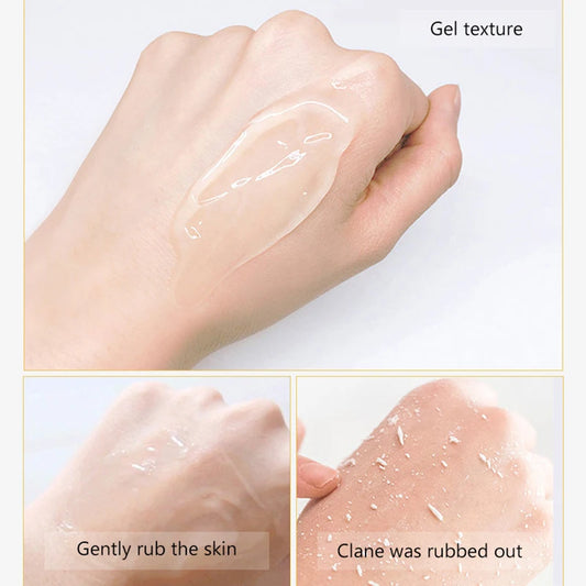 Clear gel cleanser applied to hand, demonstrating texture and gentle rubbing for skin cleansing