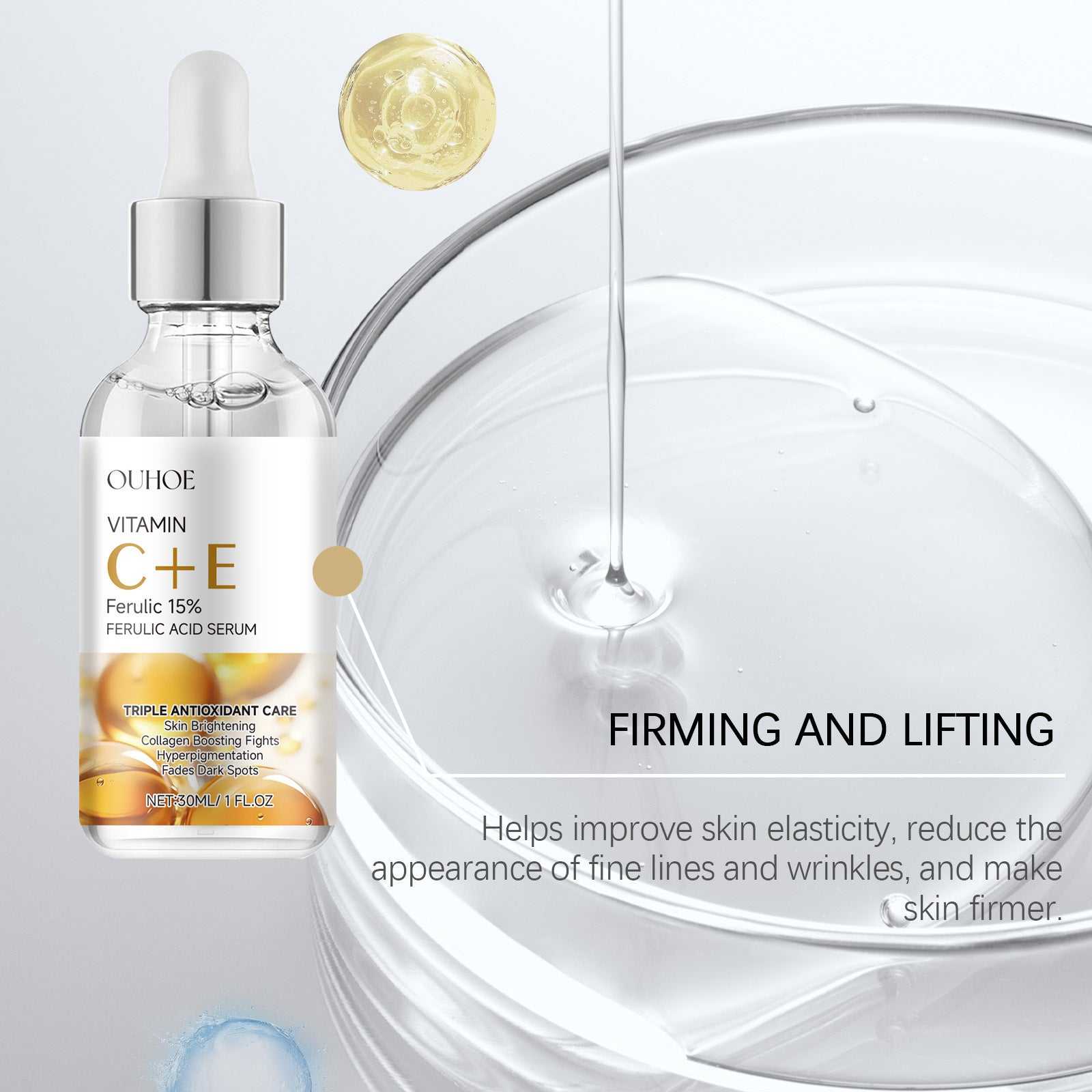 OUHOE Vitamin C E Ferulic Acid Serum for firming and lifting, enhances skin elasticity and reduces wrinkles