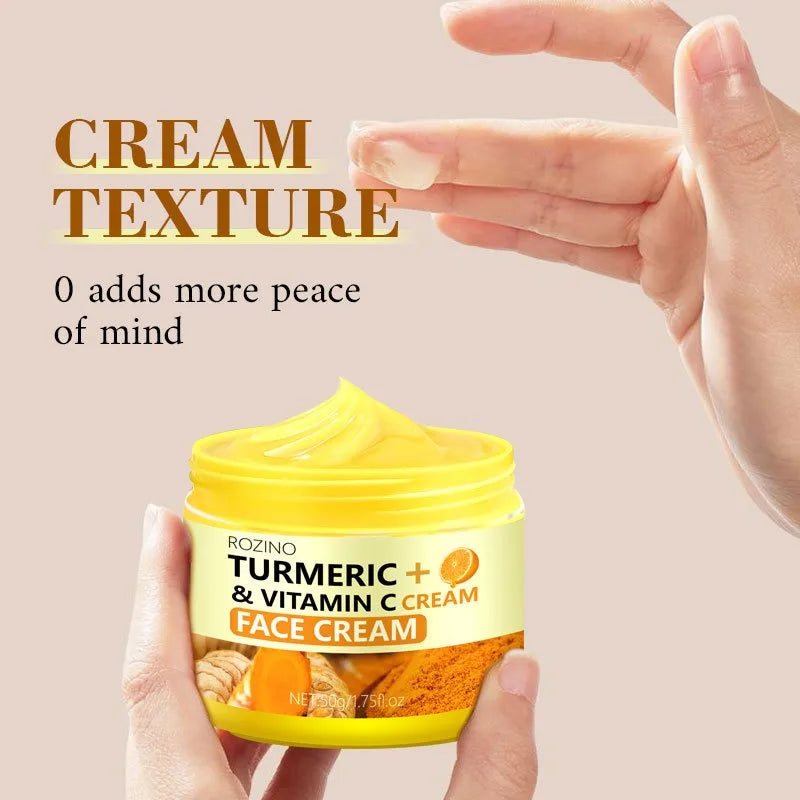 RoziNo turmeric and vitamin C face cream in a yellow jar with a creamy texture for skin health