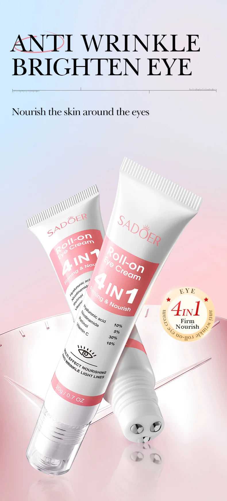 SADOER 4-in-1 Anti-Wrinkle Brightening Eye Cream Roll-On, Nourishes Skin Around the Eyes