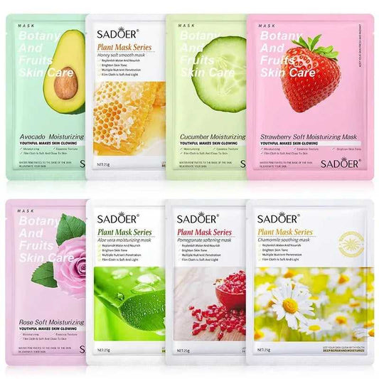 Dr.Sugarm assorted facial masks featuring avocado, honey, cucumber, and strawberry for skincare benefits