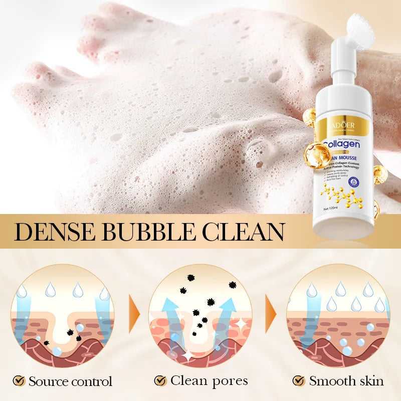 Collagen cleansing foam with dense bubbles for deep pore cleaning and smoother skin