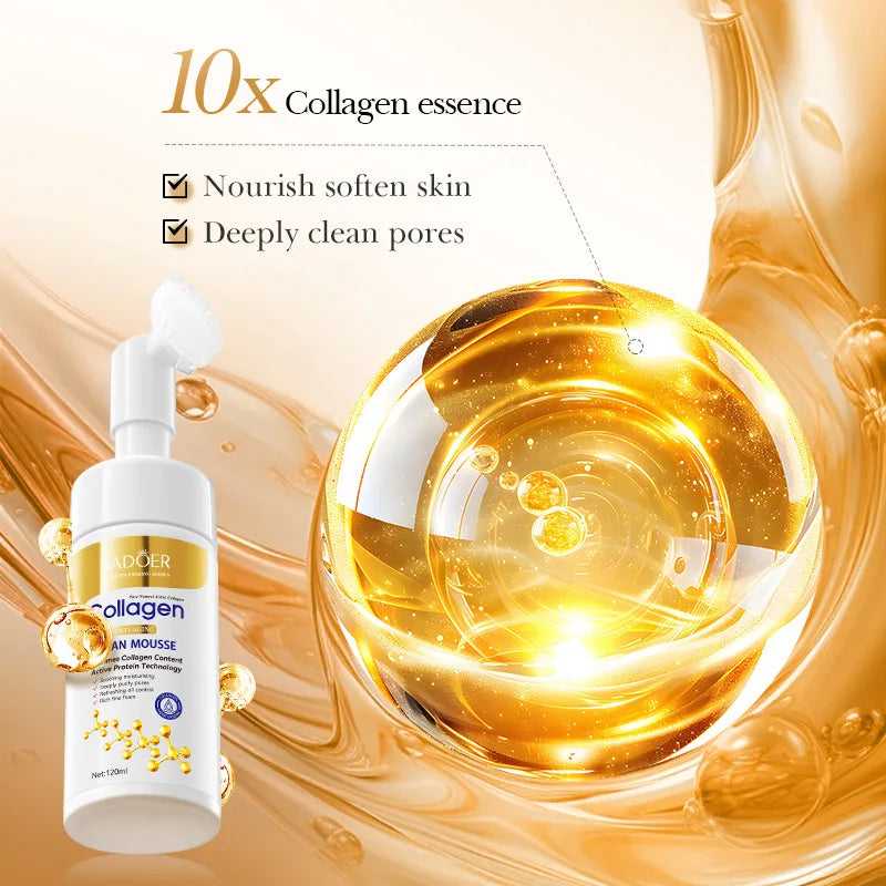 Collagen essence cleanser mousse with nourishing properties for soft skin and deep pore cleansing