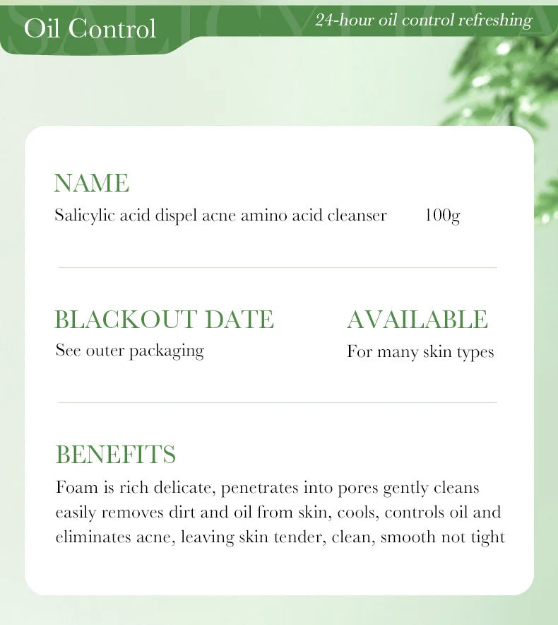 Salicylic acid facial cleanser with amino acids for deep cleaning and acne prevention