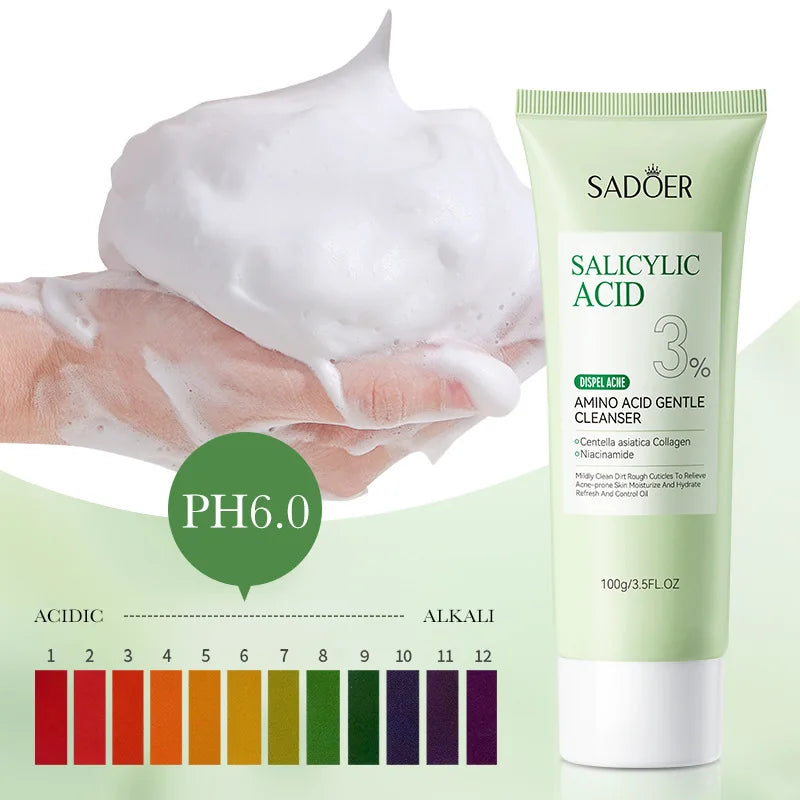 SADOER Salicylic Acid Facial Cleanser in a tube with hand applying foamy cleanser