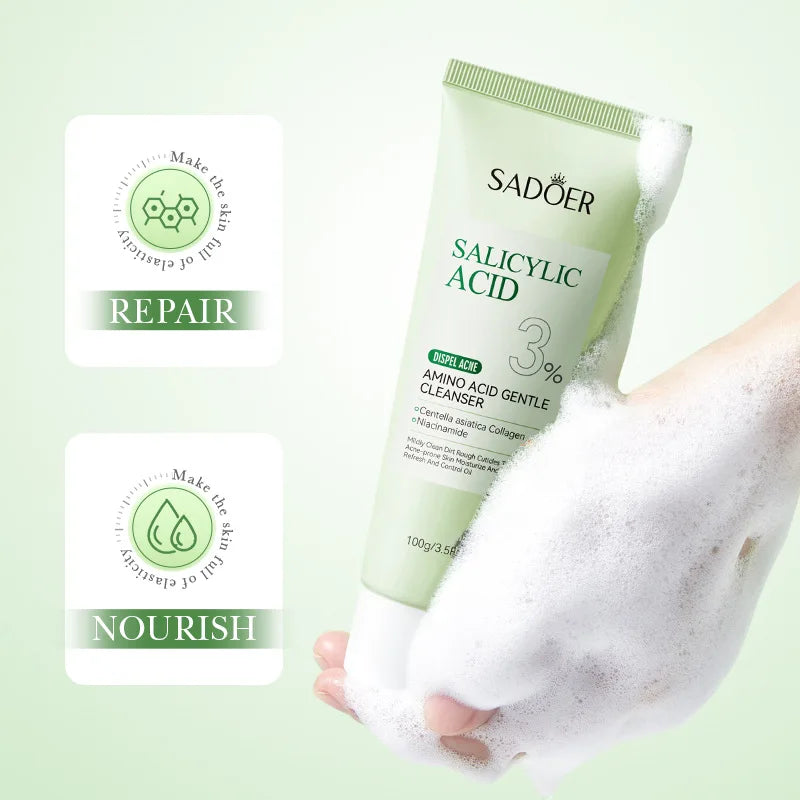 SADOER salicylic acid facial cleanser in a tube with foamy application for gentle skin cleansing