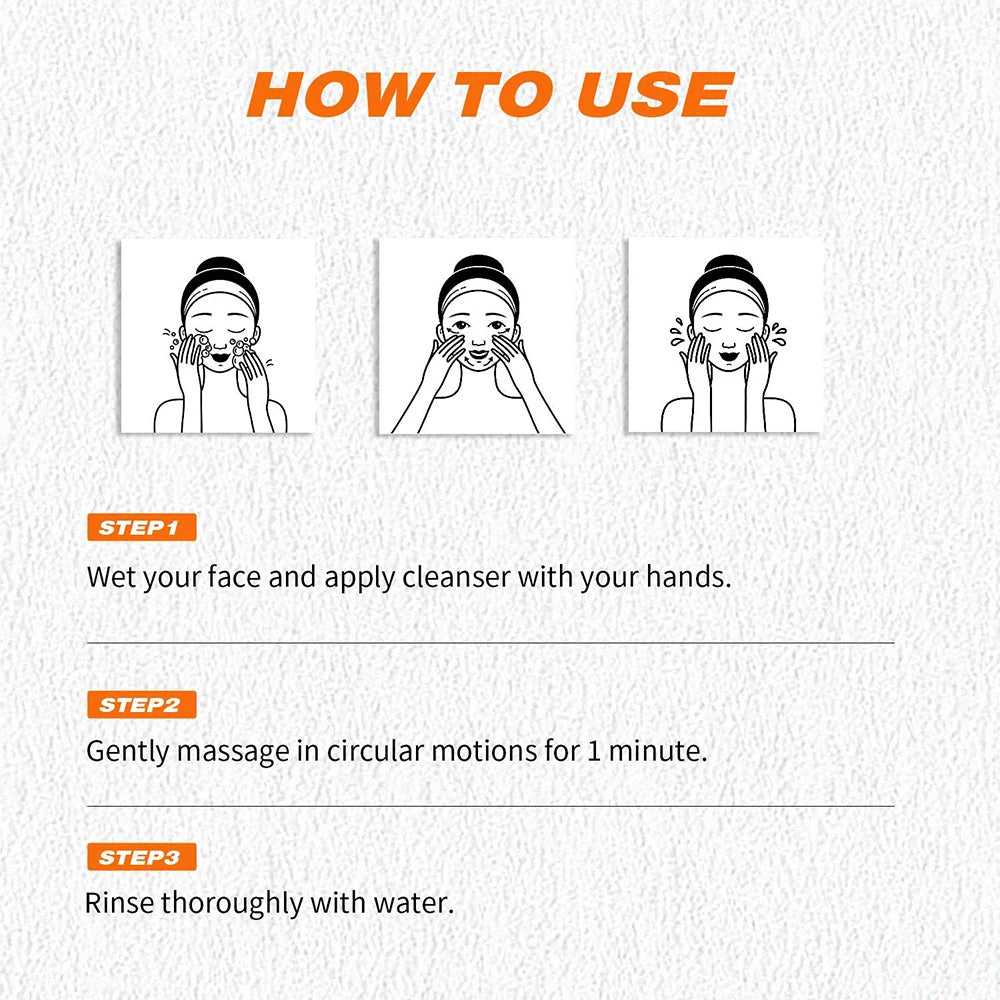 Step-by-step guide for using Ms.Dear cleanser, showing application, massaging, and rinsing instructions