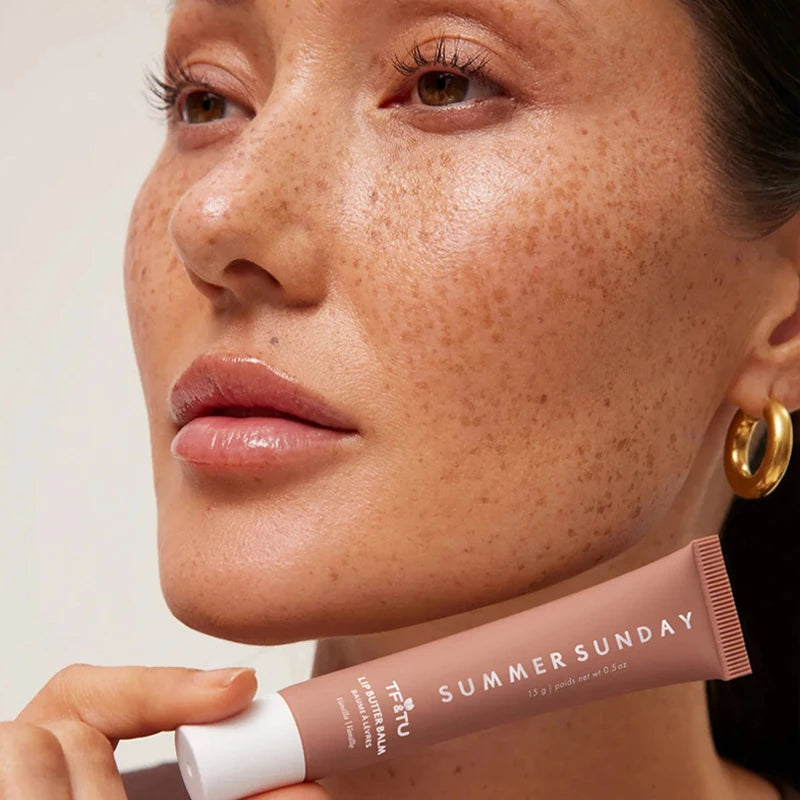 LANBENA Summer Lip Balm for smooth lips in a stylish tube displayed with model showcasing healthy lips