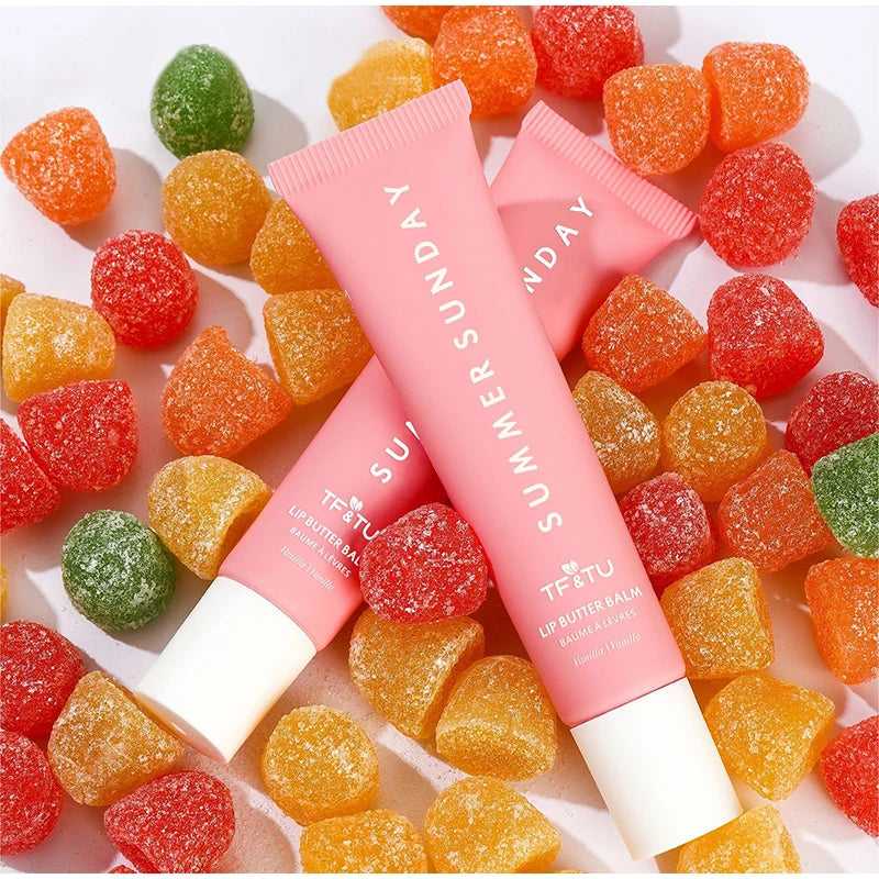 LANBENA Summer Lip Balm for Smooth Lips in Pink Tubes with Colorful Candy Background