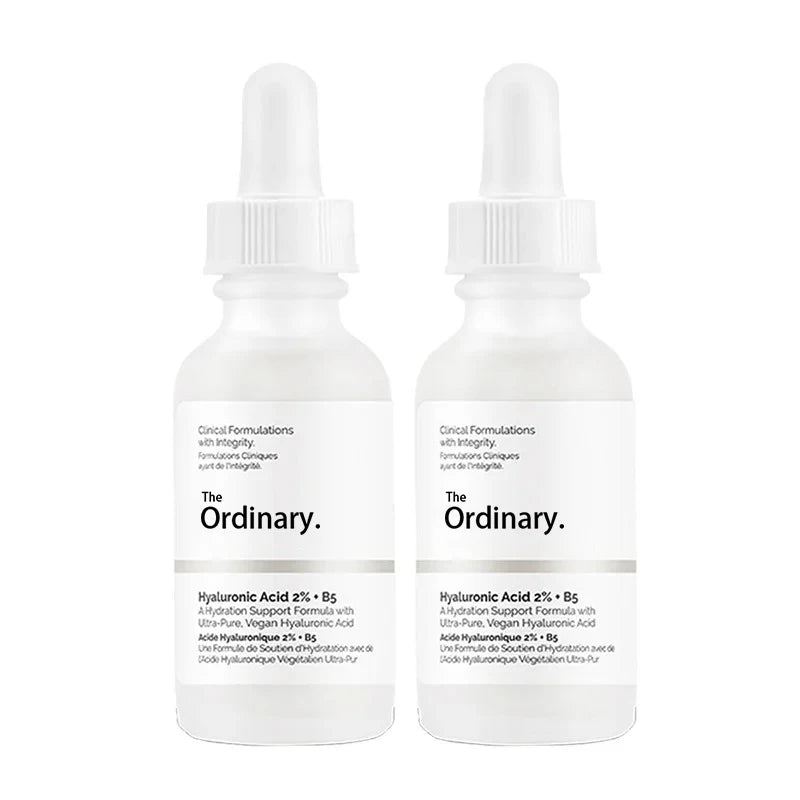 Two bottles of The Ordinary Hyaluronic Acid 2% + B5 Hydrating Hyaluronic Acid Serum for skin hydration